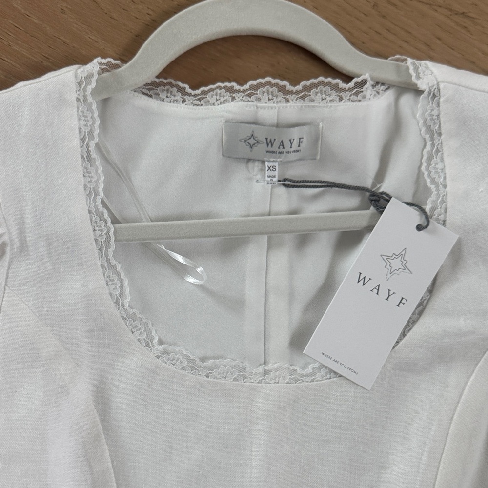 NWT Wayf White Lace-Trim Square Neck Dress with Puff Sleeves - Picture 4 of 6